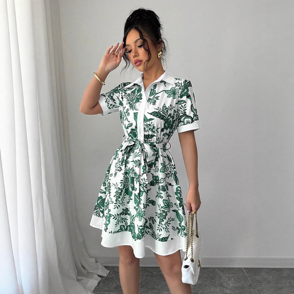 Summer Printing Lace-Up Waist Single Breasted Dress