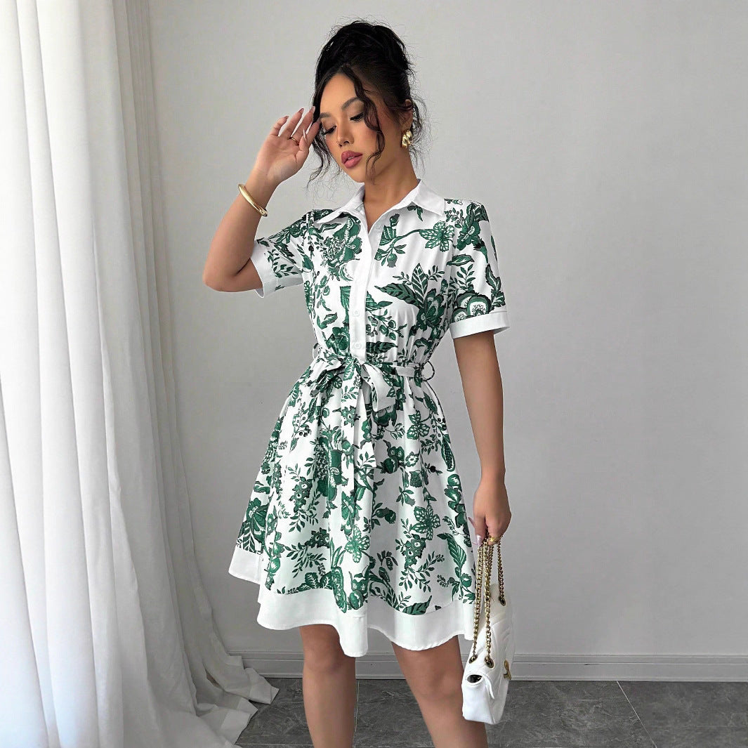 Summer Printing Lace-Up Waist Single Breasted Dress