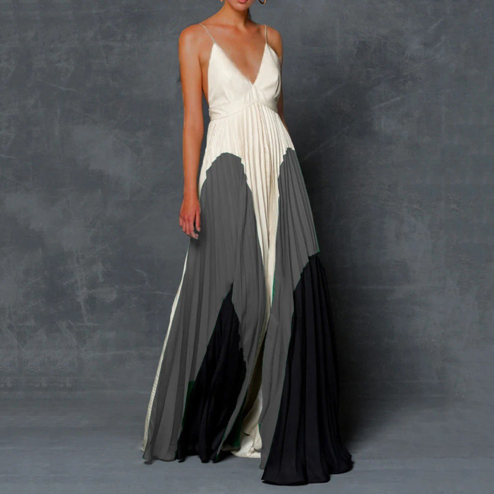 Long Color-Block Pleated Camisole Dress Long