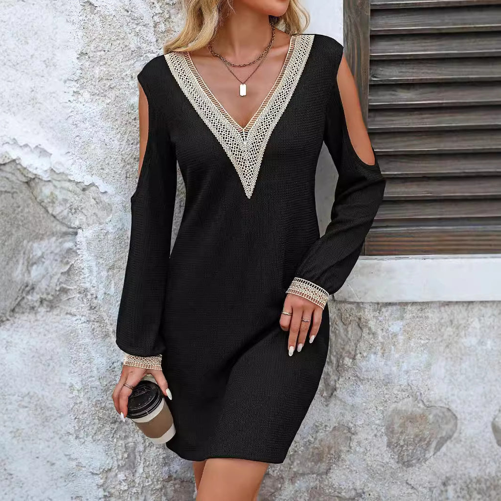 Women's V-Neck Lace Cutout Long-Sleeve A-Line Mini Dress