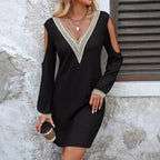 Women's V-Neck Lace Cutout Long-Sleeve A-Line Mini Dress
