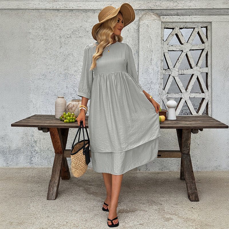 Round-Neck Layered Midi Dress