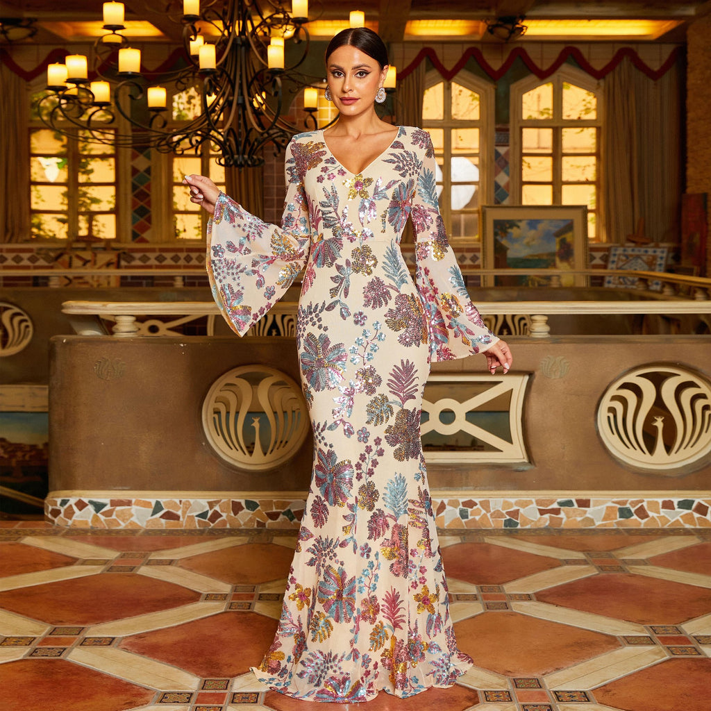 Women's Floral Sequin Long-Sleeve Fishtail Evening Maxi Dress
