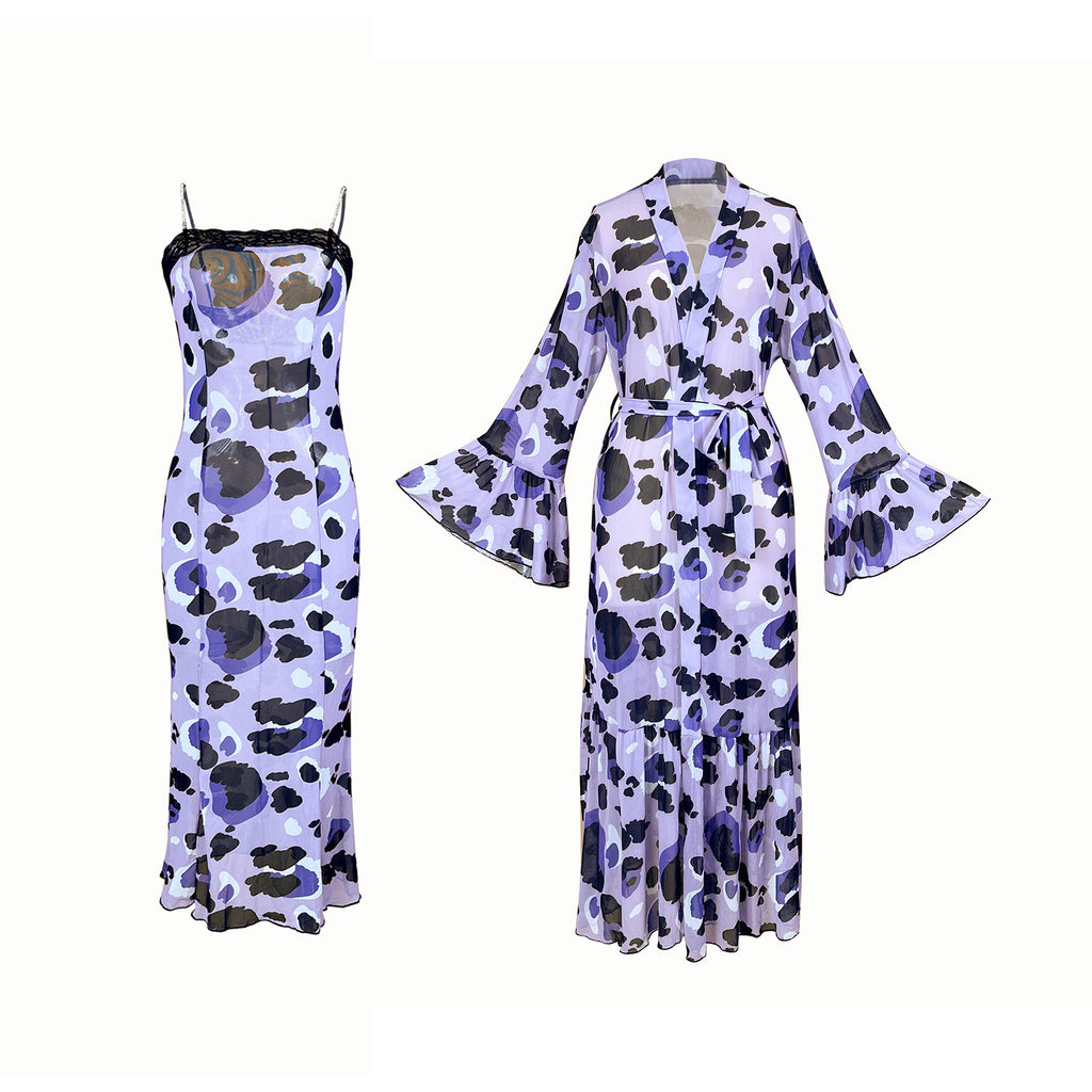 Purple Leopard Print Mesh See through Two Piece Pajamas