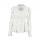 Autumn White V neck Lace Stitching Shirt Women Tight Waist Lotus Leaf Hem Puff Sleeve Long Sleeve French Tup Cardigan