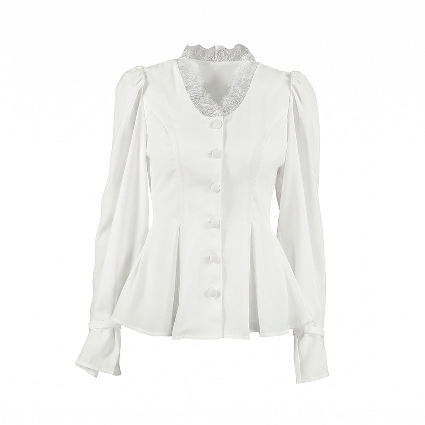 Autumn White V neck Lace Stitching Shirt Women Tight Waist Lotus Leaf Hem Puff Sleeve Long Sleeve French Tup Cardigan