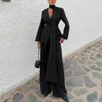 Women Office Waist Controlled Collared Long Sleeve Top Loose Trousers Two Piece Set