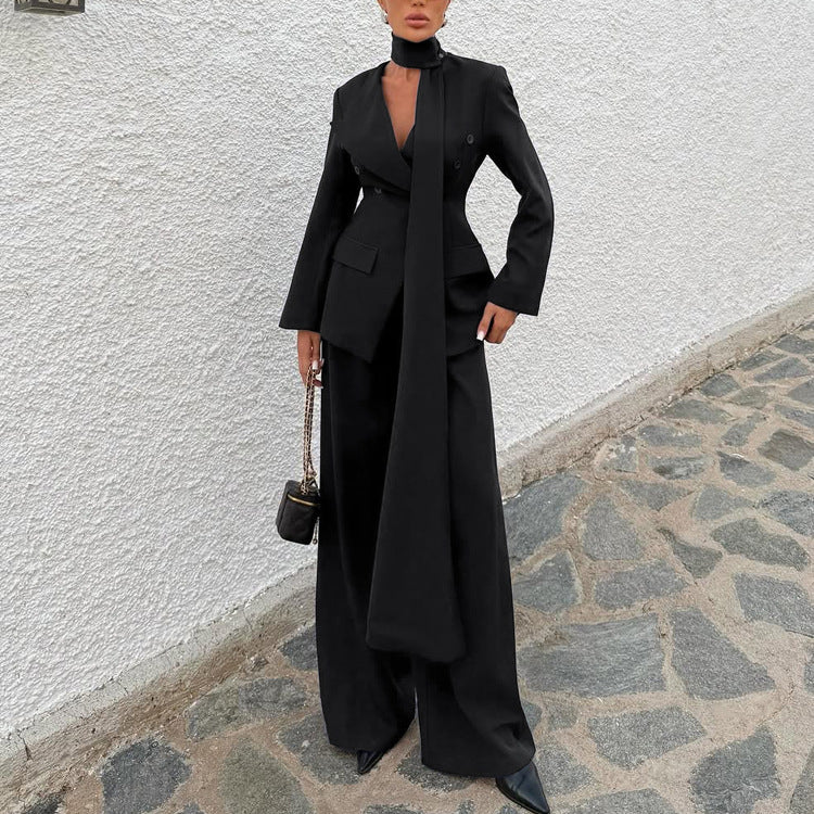 Women Office Waist Controlled Collared Long Sleeve Top Loose Trousers Two Piece Set