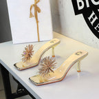 Rhinestone Fireworks Square Toe Open Toe Slippers Transparent Slip On