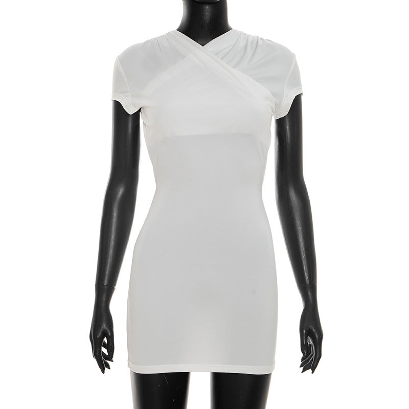 White short-sleeve wrap V-neck fitted mini dress
