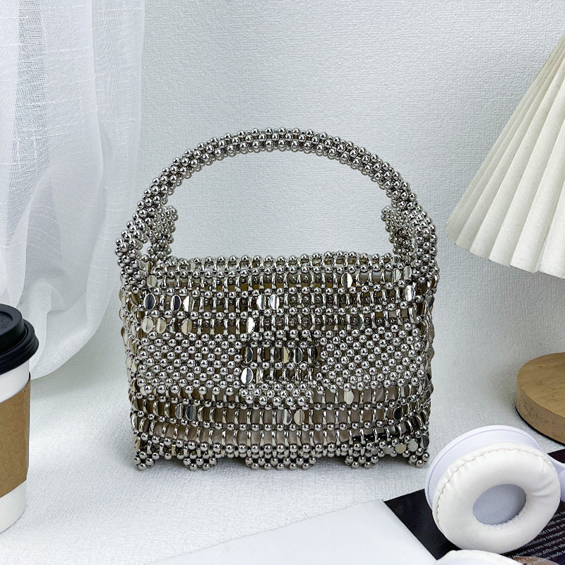 Women's Silver Beaded Woven Phone Bag