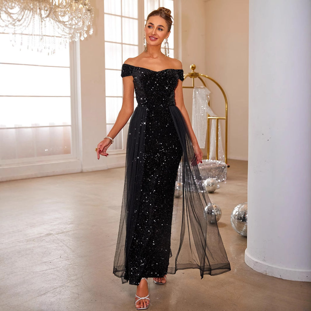 Women's Off-Shoulder Sequin Lace A-Line Maxi Evening Dress