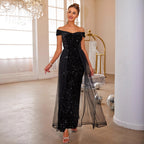 Women's Off-Shoulder Sequin Lace A-Line Maxi Evening Dress