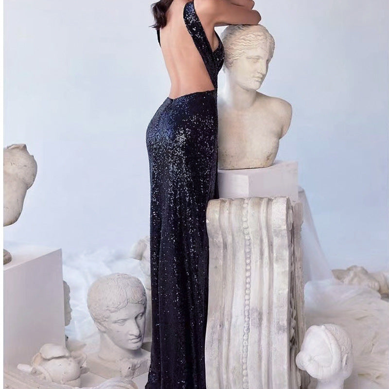 Black Sequin Halter Backless Cutout Split Bodycon Maxi Dress