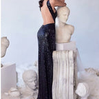 Black Sequin Halter Backless Cutout Split Bodycon Maxi Dress