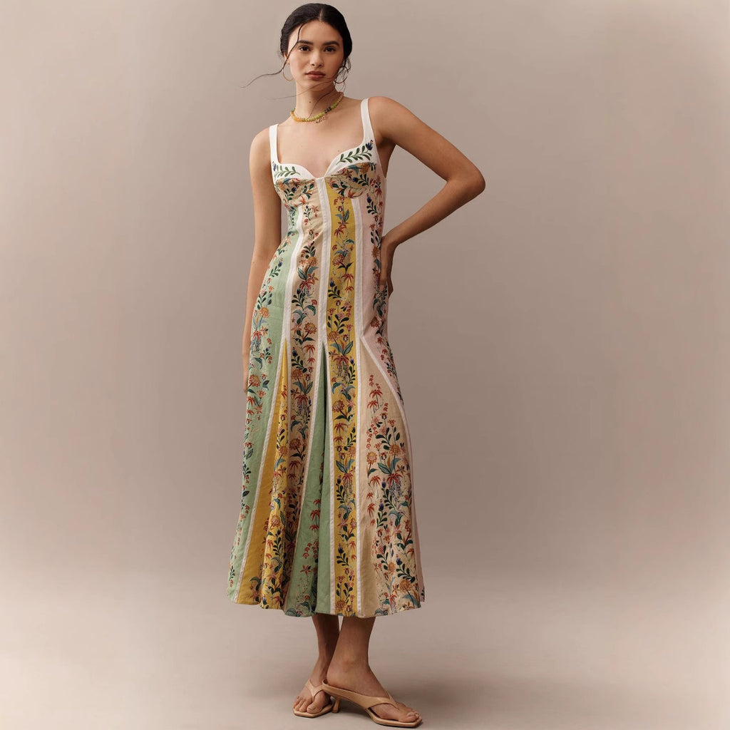 Women's Spring Summer Suspender Positioning Linen Printing Dress Loose Vacation Dress