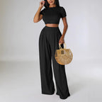 Summer Casual Cropped Top Solid Color Wide Leg Pants Two-Piece Set