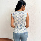 Women's French Floral Sleeveless Vest Women Asymmetric Oblique Square Neck Cinched Side Slit Slim Fit Slimming Top
