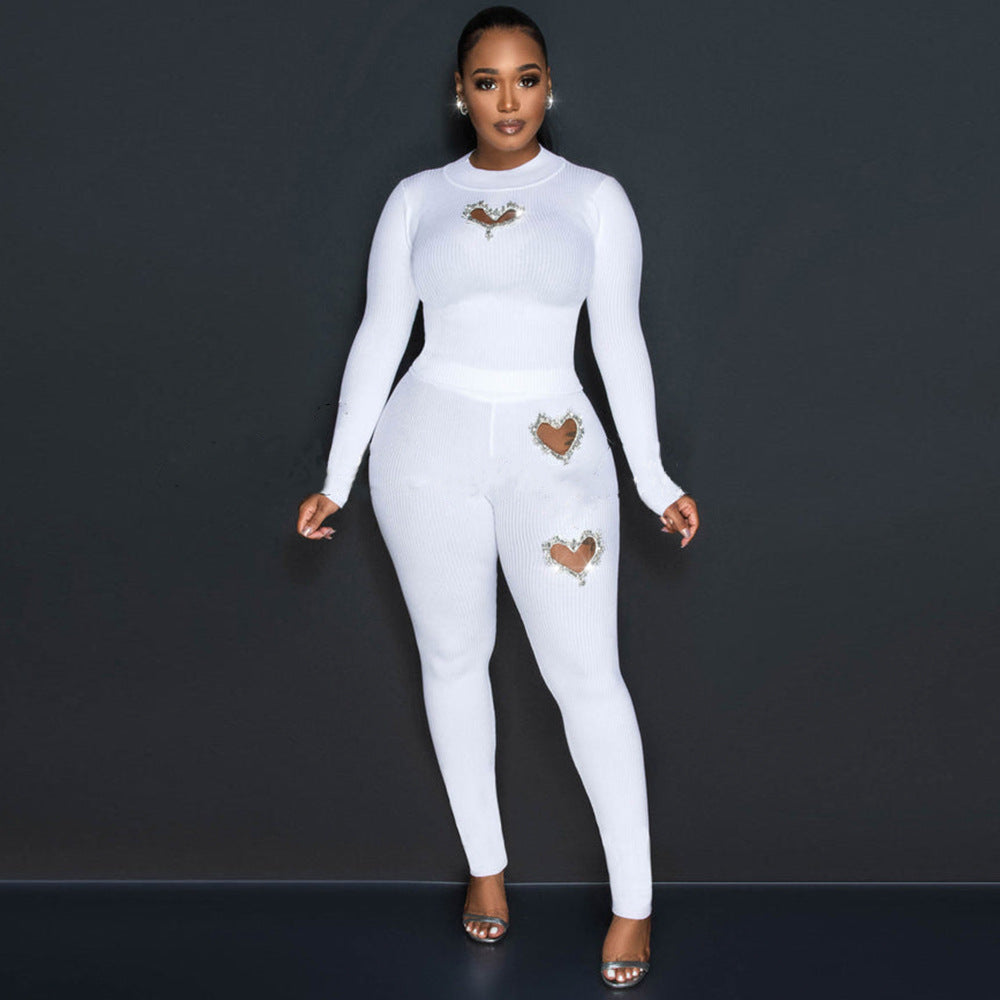 Women's Two Piece Suit Autumn Winter Long Sleeve Hollow Out Cutout