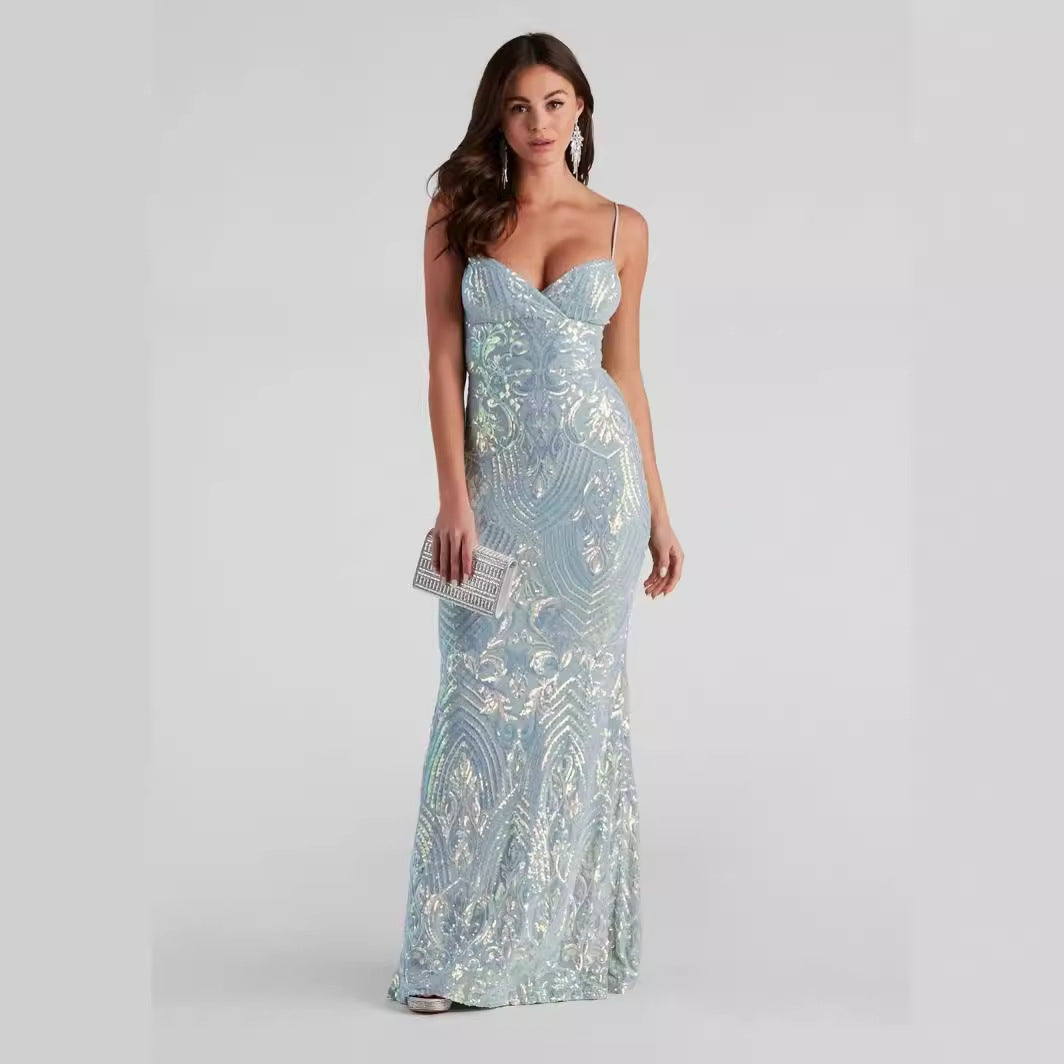 Women's Sexy V Neck Sequ Floor Length Evening Dress Elegant Graceful Cocktail Party Formal Dress Women Clothing