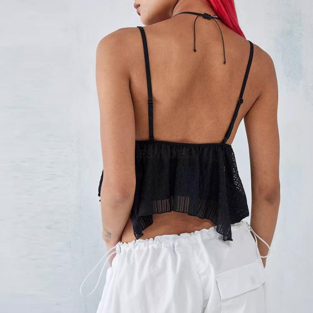Women’s White Asymmetric Backless Ruffle Crop Camisole