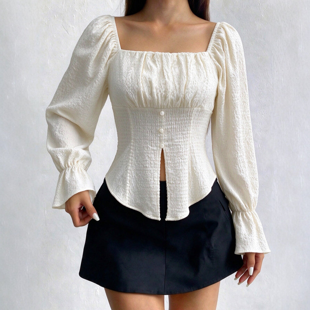 Women's Texture Square Collar Long Sleeve T Shirt Bell Sleeve Irregular Asymmetric Slit Hemline Hem Top