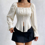 Women's Texture Square Collar Long Sleeve T Shirt Bell Sleeve Irregular Asymmetric Slit Hemline Hem Top