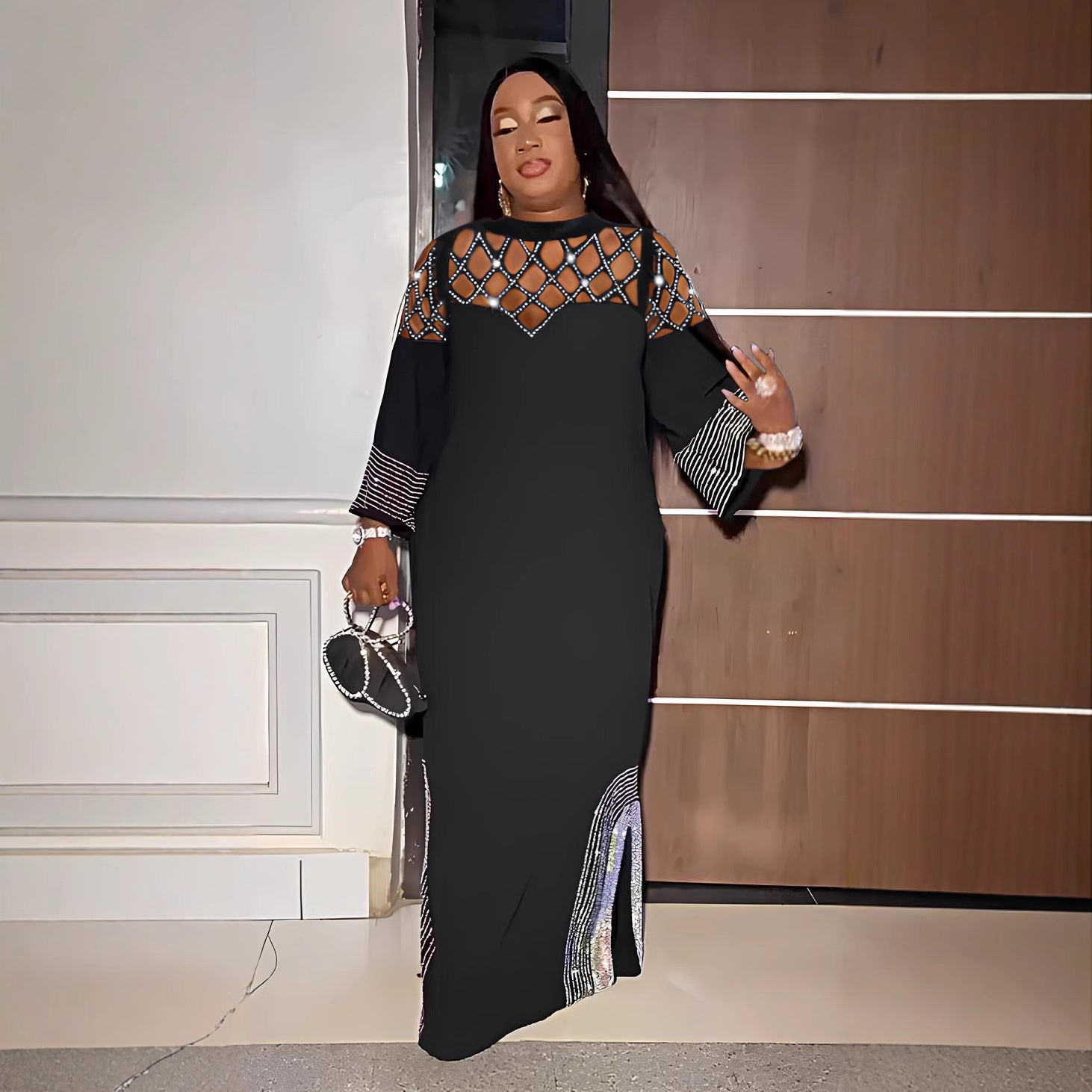 Rhinestone Cutout Long-Sleeve Split Bodycon Maxi Dress