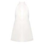 White halter mini dress, high neck with keyhole cutout, A-line silhouette
