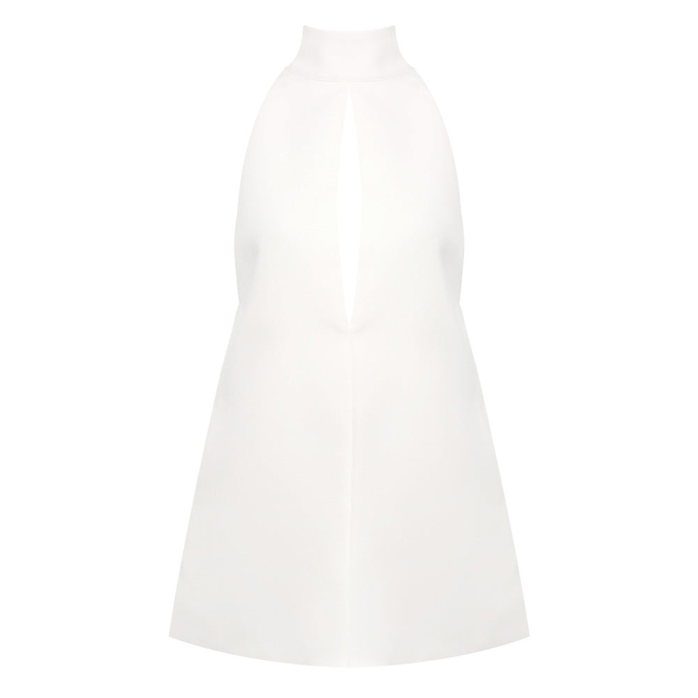 White halter mini dress, high neck with keyhole cutout, A-line silhouette