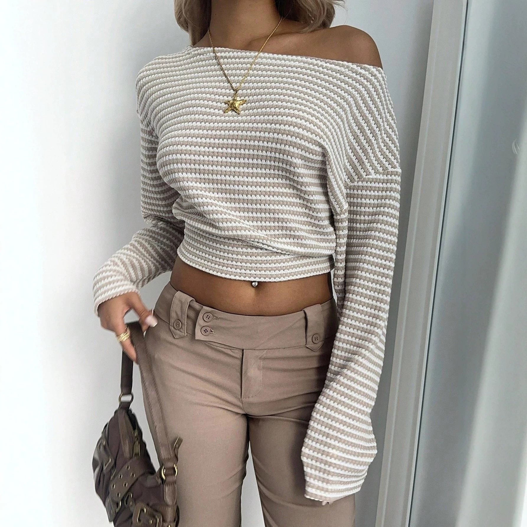 Women's Women Elegant Diagonal Collar Striped Top Women Texture Waist Slimming Short Sleeved T Shirt