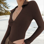 Ribbed Polo Collar Long Sleeve Jumpsuit