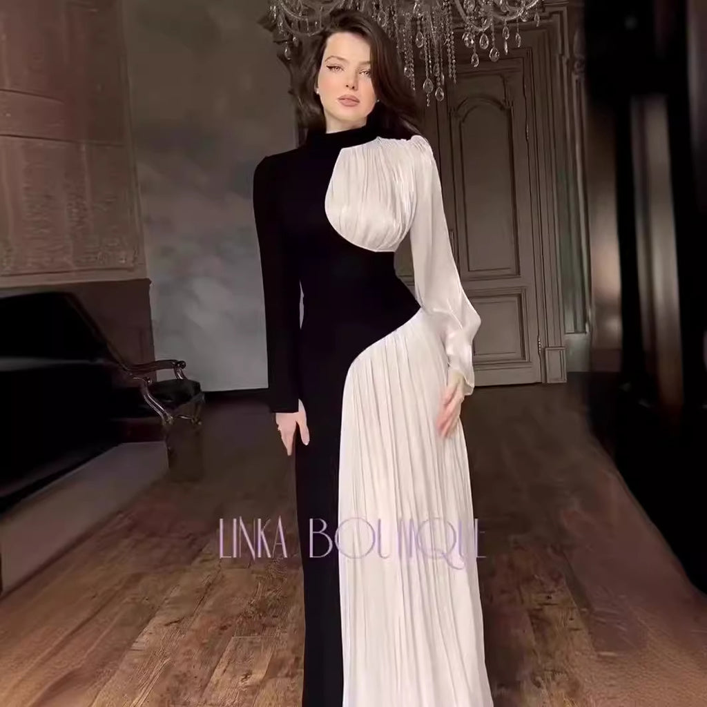 Spring Round-Neck Colorblock Long-Sleeve Belted Dress