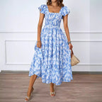 Women's Square-Neck Ruffle Ruched Smocked Flutter-Sleeve A-Line Midi Dress