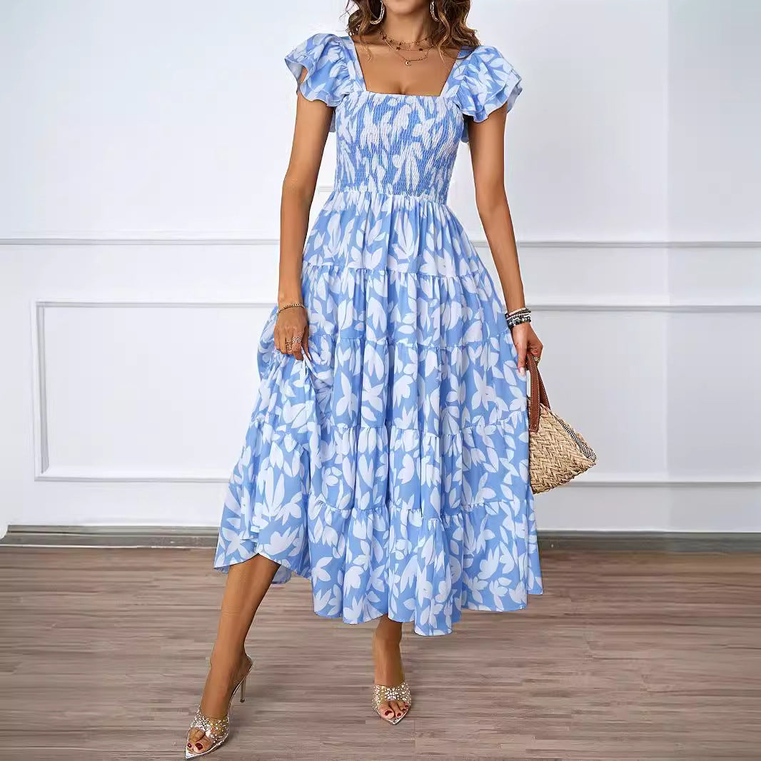 Women's Square-Neck Ruffle Ruched Smocked Flutter-Sleeve A-Line Midi Dress