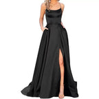 Women's Crew-Neck Satin Backless Split Cami Maxi Dress
