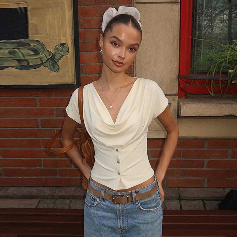 Women's Swing Collar Slim Fit Short Sleeve Top
