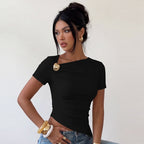 Women's Women Clothing Summer All Match Sexy Asymmetric Slim T Shirt Top