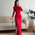 Women's Ruched Split Long-Sleeve Maxi Dress