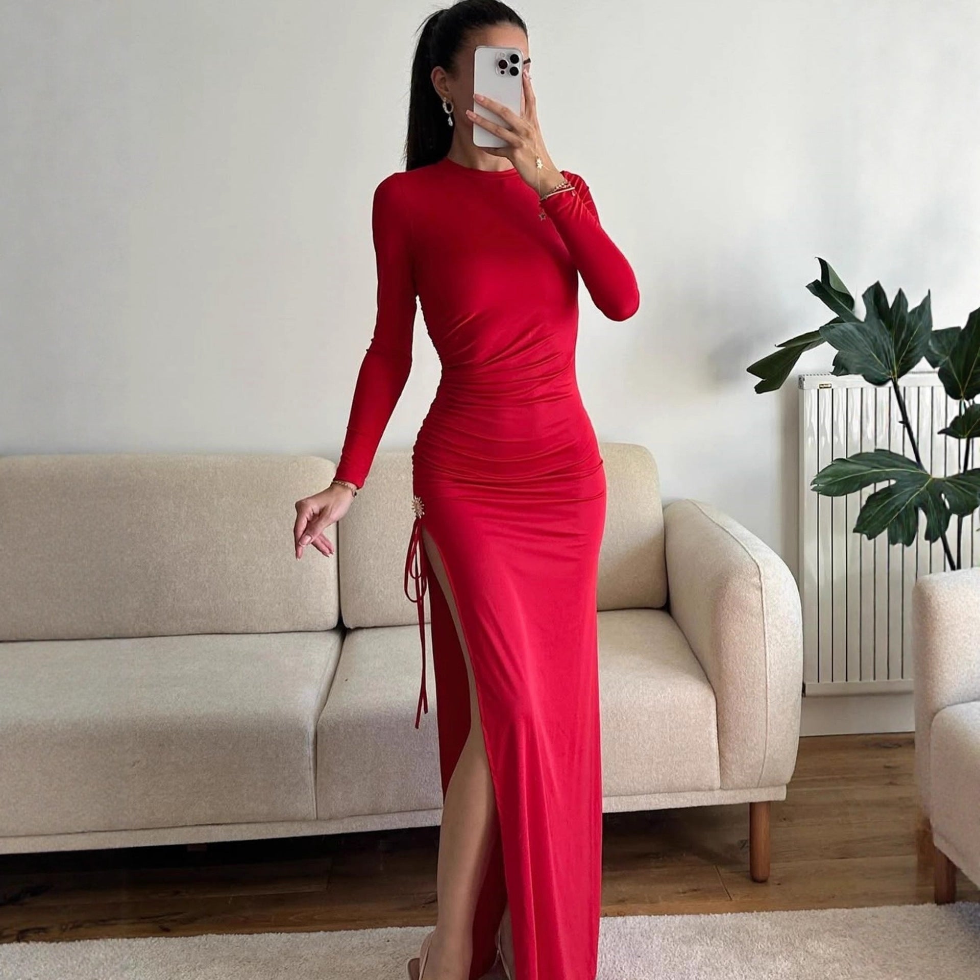 Women's Ruched Split Long-Sleeve Maxi Dress