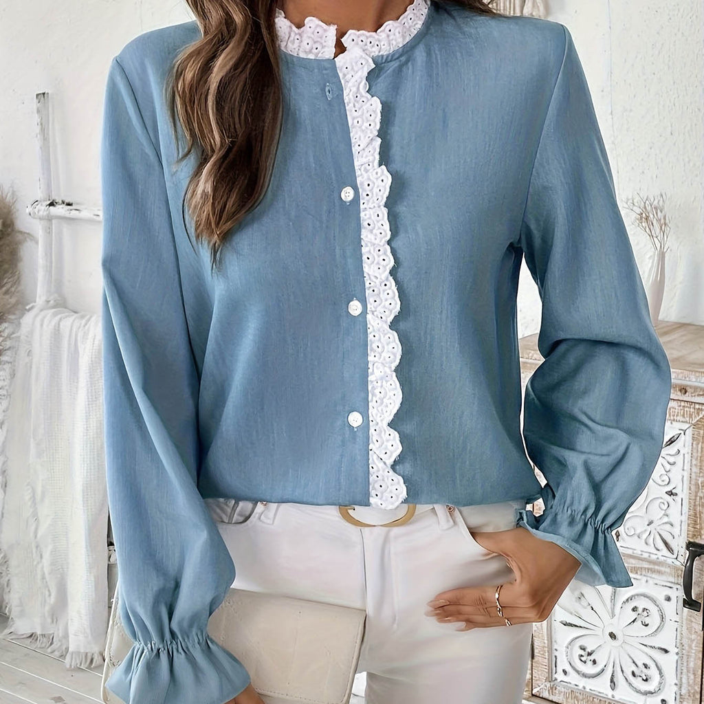 Blue Lace Lace Stand Collar Shirt Women Blue White