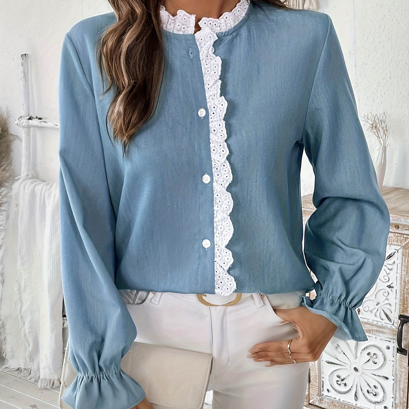 Blue Lace Lace Stand Collar Shirt Women Blue White