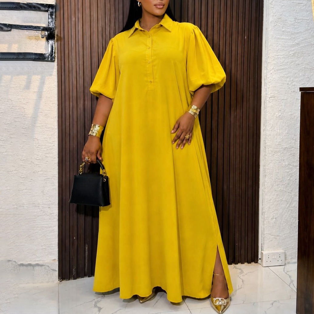 Belted Polo Collar Puff Sleeve Maxi Dress
