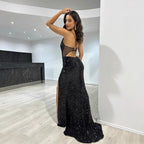 Women's Sequin Halter Backless Slit Bodycon Maxi Dress