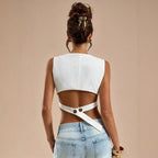 Sexy V neck SL Top Women Back Cross Button Waist Slimming