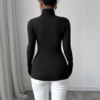 Women's Black Turtleneck Floral Applique Long Sleeved Fitted T-Shirt