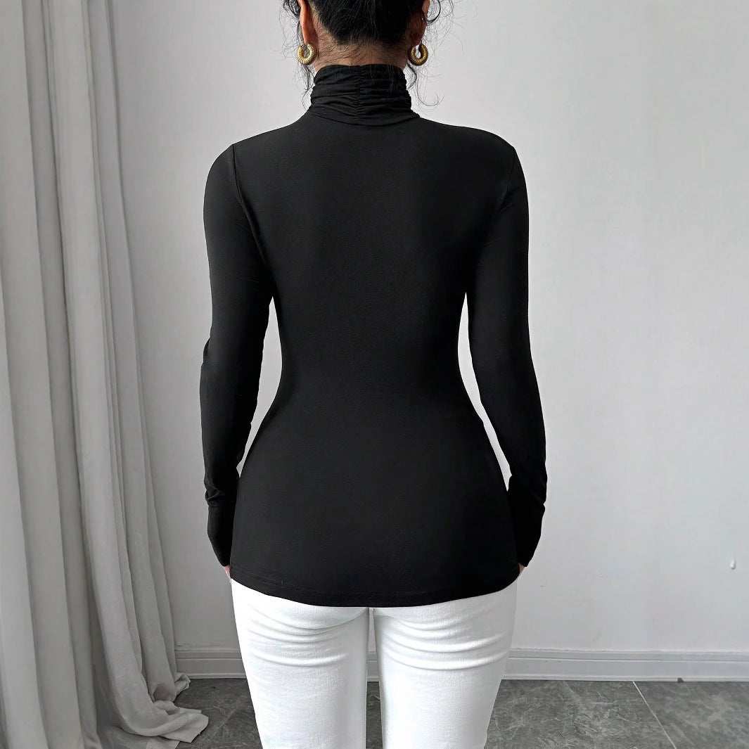 Women's Black Turtleneck Floral Applique Long Sleeved Fitted T-Shirt