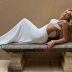 White sheath summer dress with open back and low cut V back