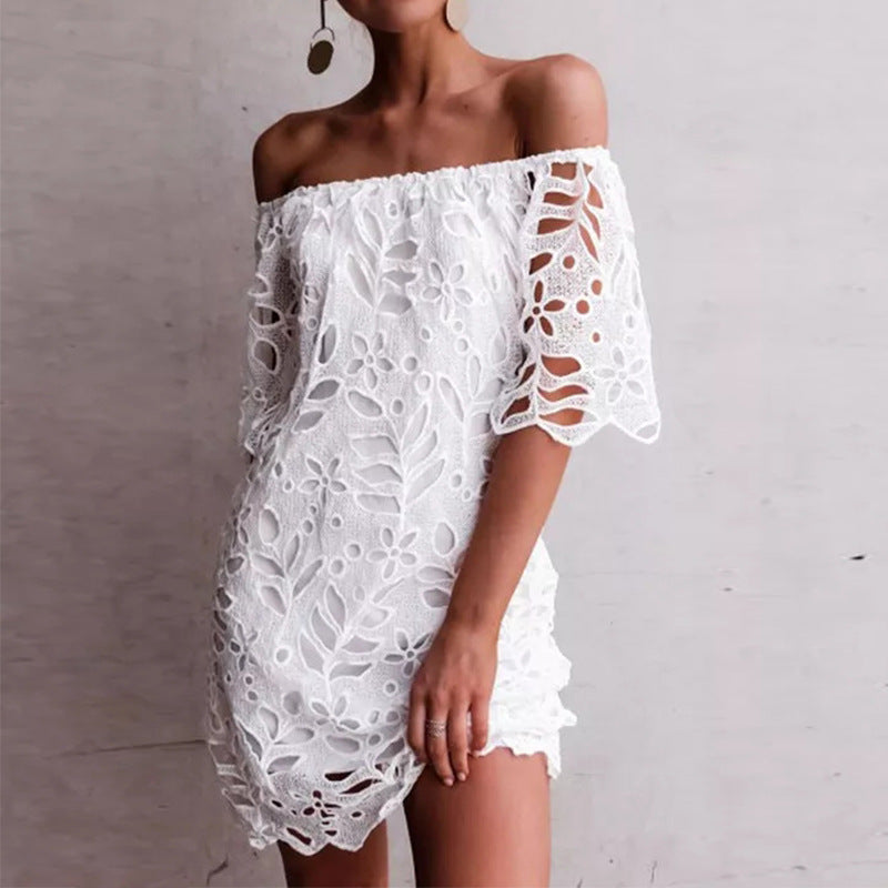 Embroidered Off-Shoulder Short-Sleeve A-Line Mini Dress