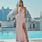 Women's V-Neck Sequin Cami Slit Evening Maxi Dress